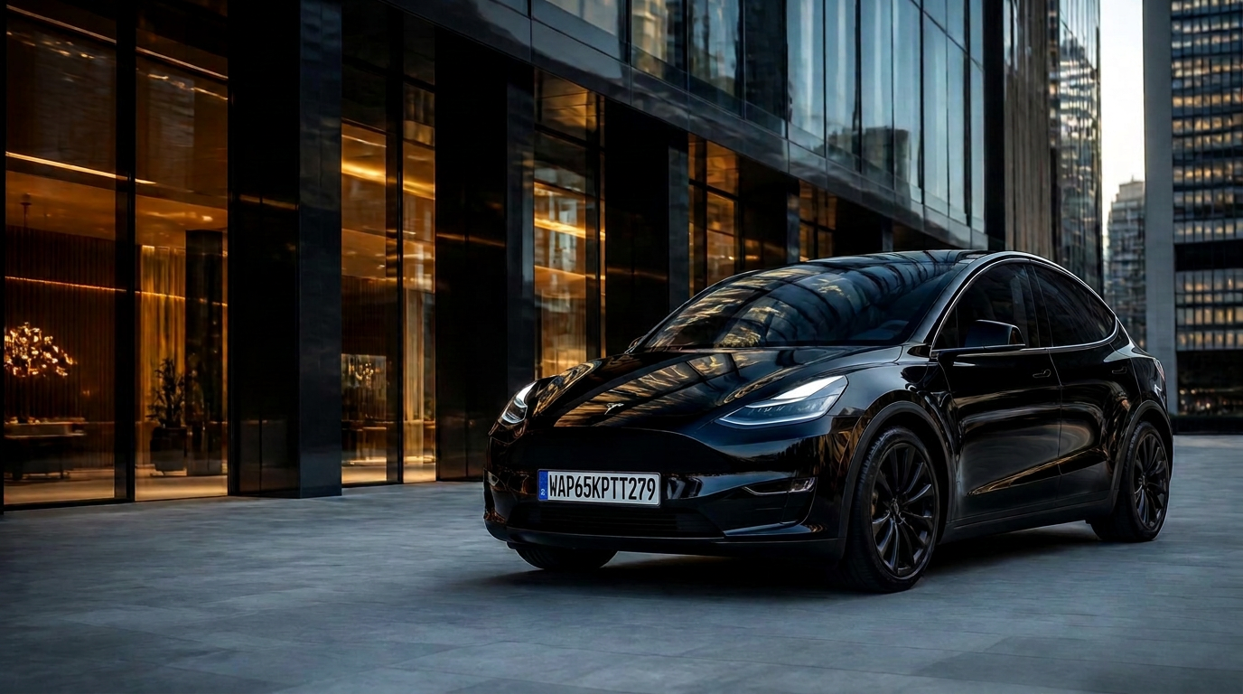 Black Tesla Model Y in a modern Stockholm luxury business district with glass towers