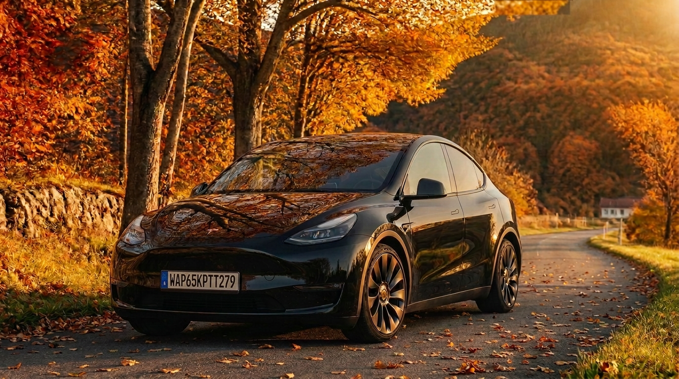 Black Tesla Model Y on an autumn country road with golden foliage