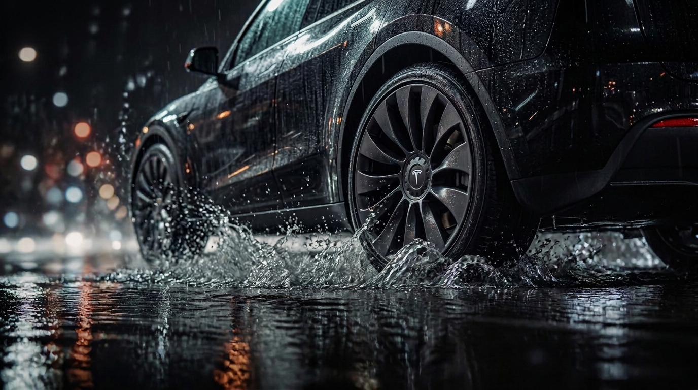 Close-up of a black Tesla Model Y wheel splashing through rain water on a city street at night